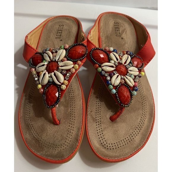 Siketu Cushioned Sandals Women's Size 6 /36 Red Stones Beads Shells Gems - Picture 2 of 10